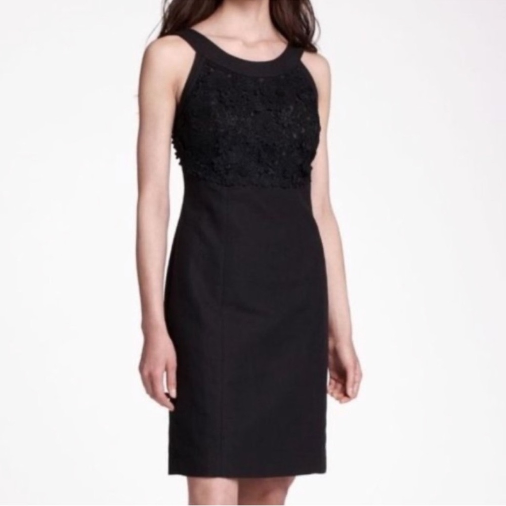 Anthropologie Postmark Oleander Black Appliqué Lace floral Linen shift dress